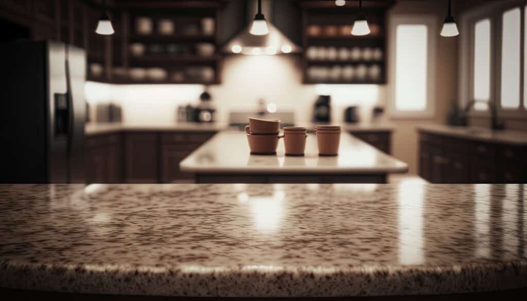 Empty grey marble counter top with blurred kitchen. Generative AI