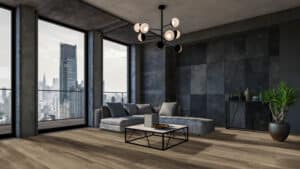 Modern interior of a living room. Penthouse Loft with dark stone