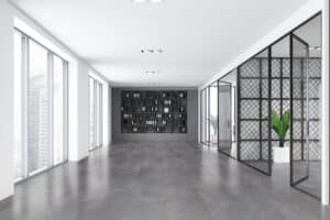 White office hall with bookcase