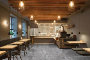 Interior of restaurant. Wooden design.