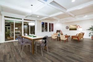 Lovely craftsman style dining space with coffered cealing