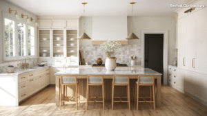 Bright modern kitchen with a large central island, three wooden stools, white cabinetry, and a tiled backsplash.