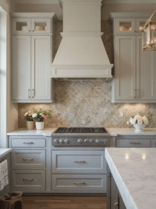 Gray kitchen with a six-burner gas range, ornate white range hood, marble countertops, and a tiled backsplash.
