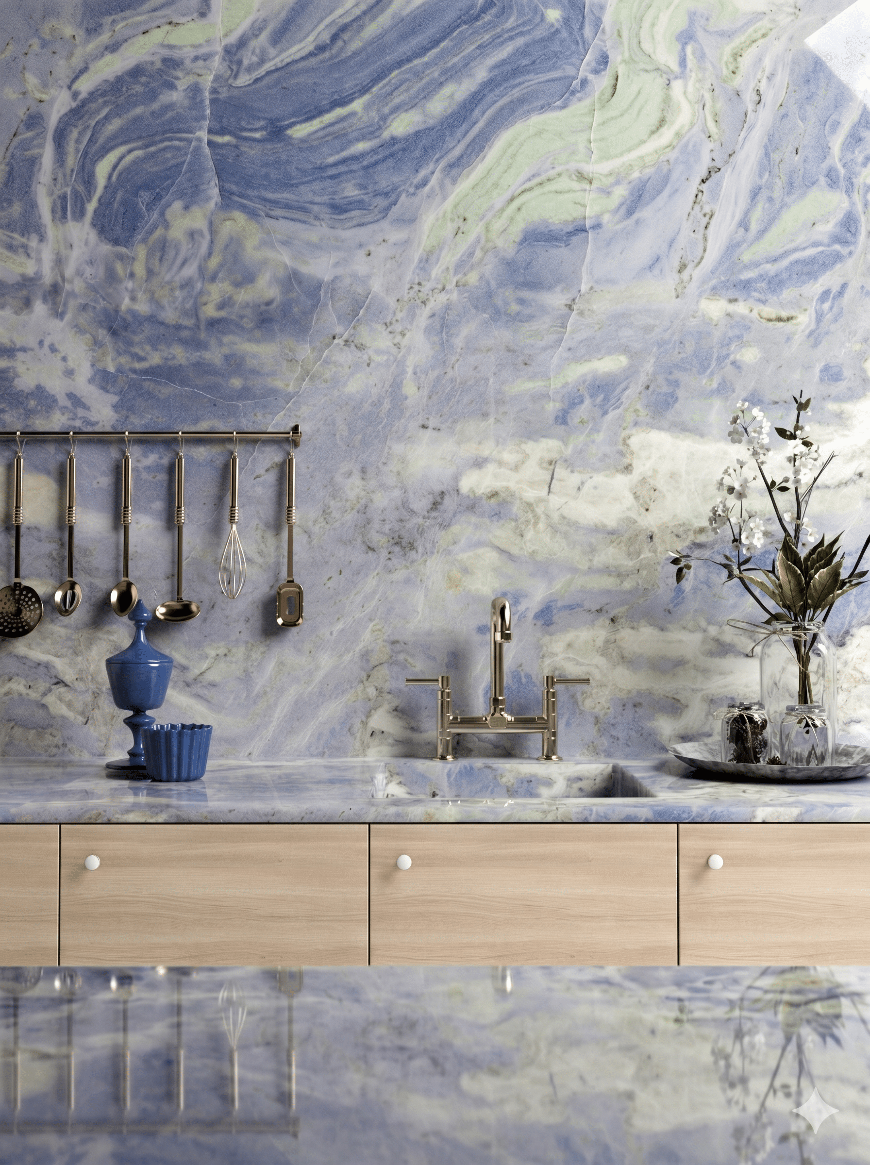 Kitchen scene with a marble blue wall, a utensil rack holding pots and tools above a blue ceramic bowl and vase on a marble countertop.
