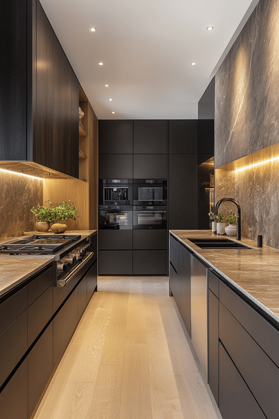 Modern galley kitchen with dark cabinets, marble countertops, and warm under-cabinet lighting; built-in ovens at the far wall.
