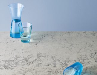 invory counter with blue shot glasses